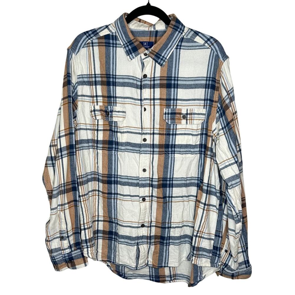 George Flannel Plaid Button-Up Shirt White Blue Brown Winter Outdoors Work XL